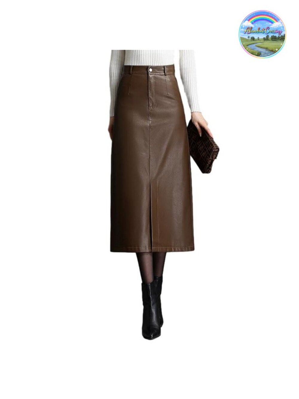 Faux Leather High Waisted Bodycon Midi Skirt with Slit for Women